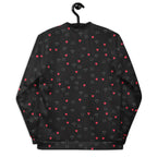 Unisex bomber jacket by Daemon Luxury with white speckled diamond pattern and all-over print on the back.