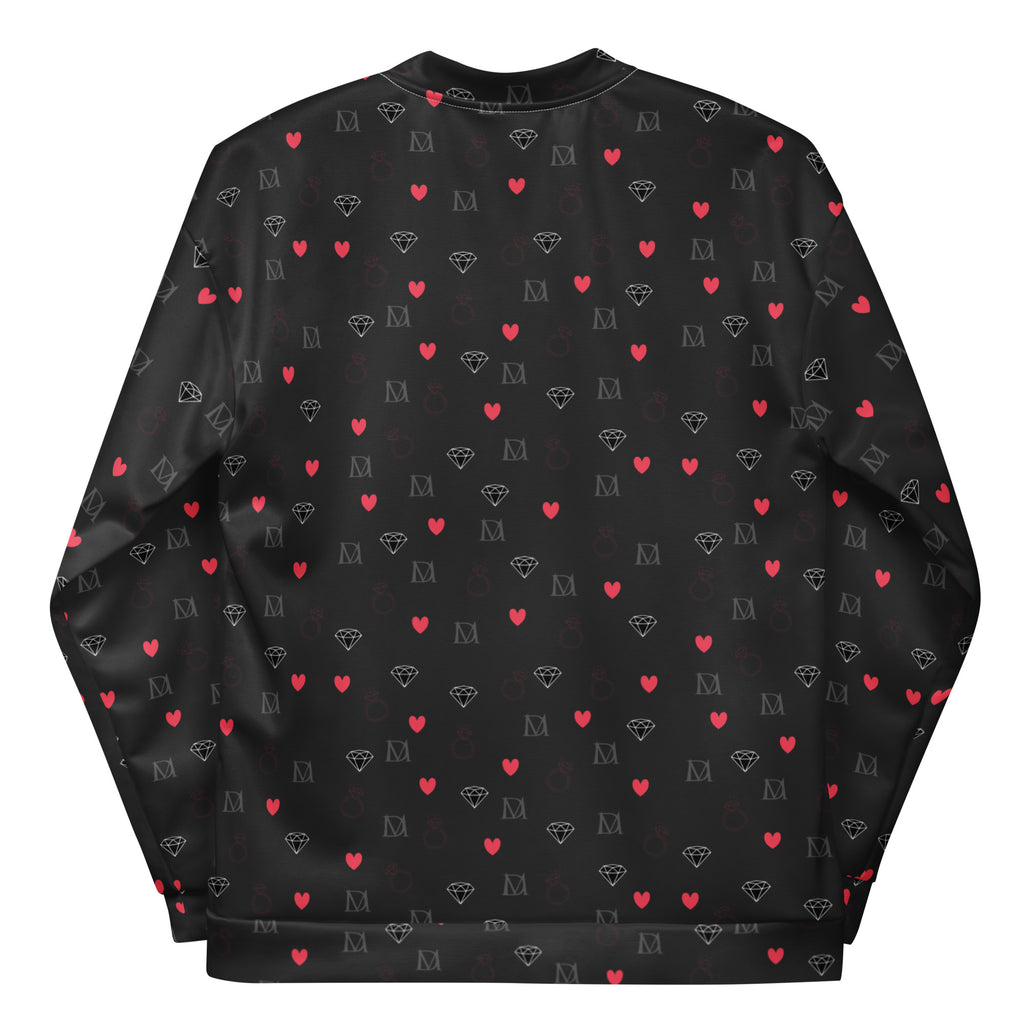 Unisex bomber jacket with all-over white speckled diamond pattern, from Daemon Luxury's NEMESIS collection.