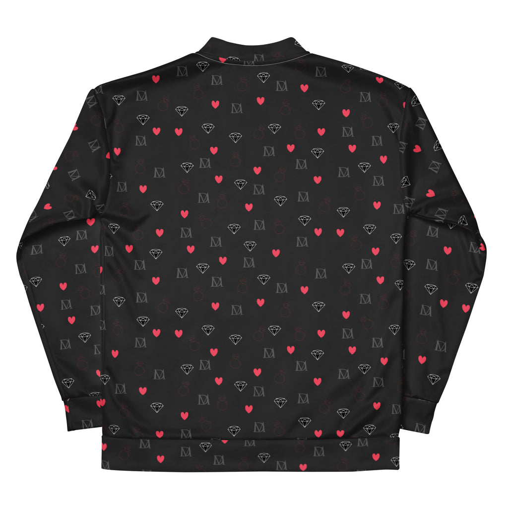 Unisex bomber jacket with speckled diamond pattern in white and black, featuring a stylish all-over print from Daemon Luxury.