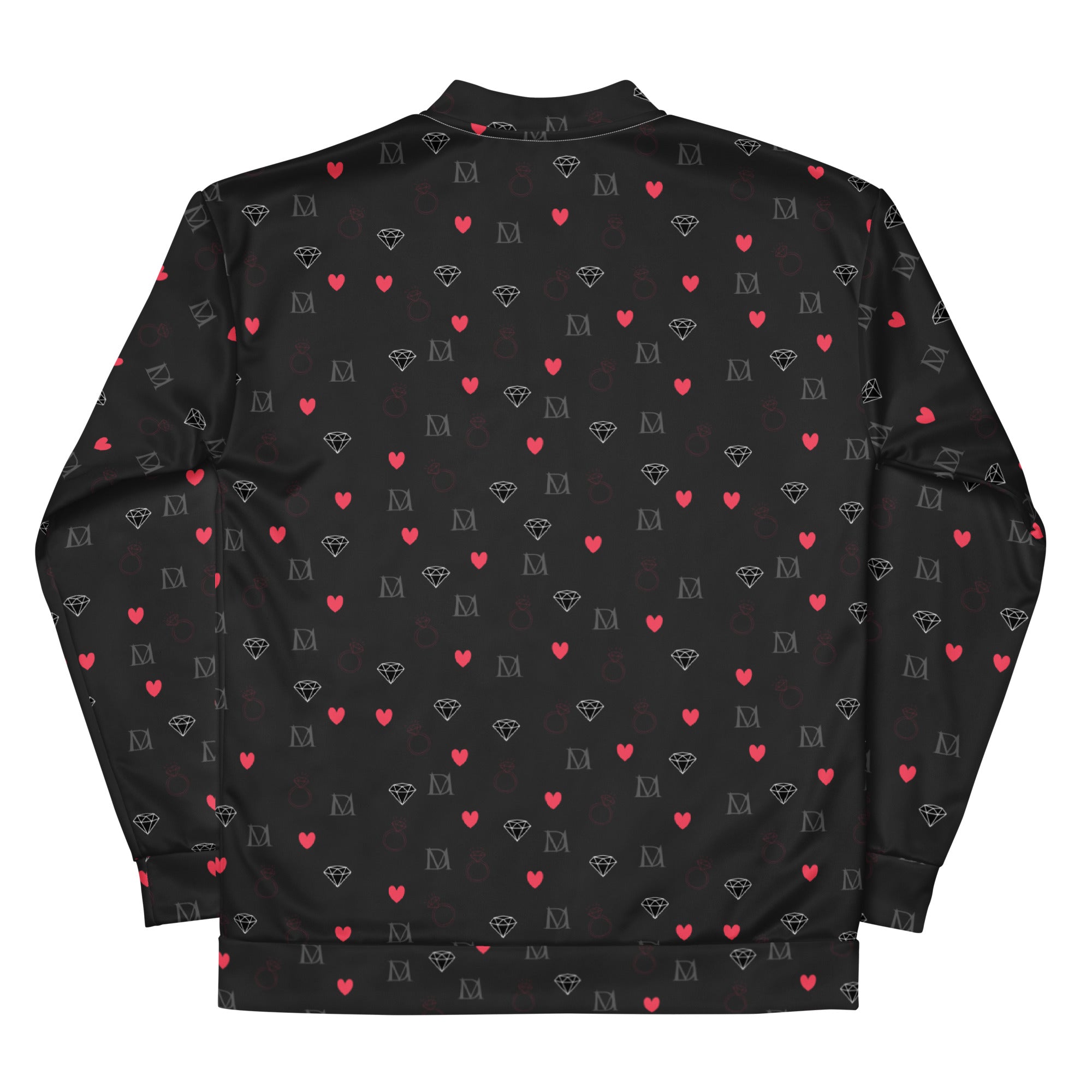 Unisex bomber jacket with speckled diamond pattern in white and black, featuring a stylish all-over print from Daemon Luxury.