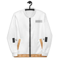 Unisex white bomber jacket with all-over love-themed print, designed by Daemon, showcasing front view and stylish casual wear.