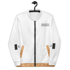 Unisex white bomber jacket with all-over love-themed print, designed by Daemon, showcasing front view and stylish casual wear.