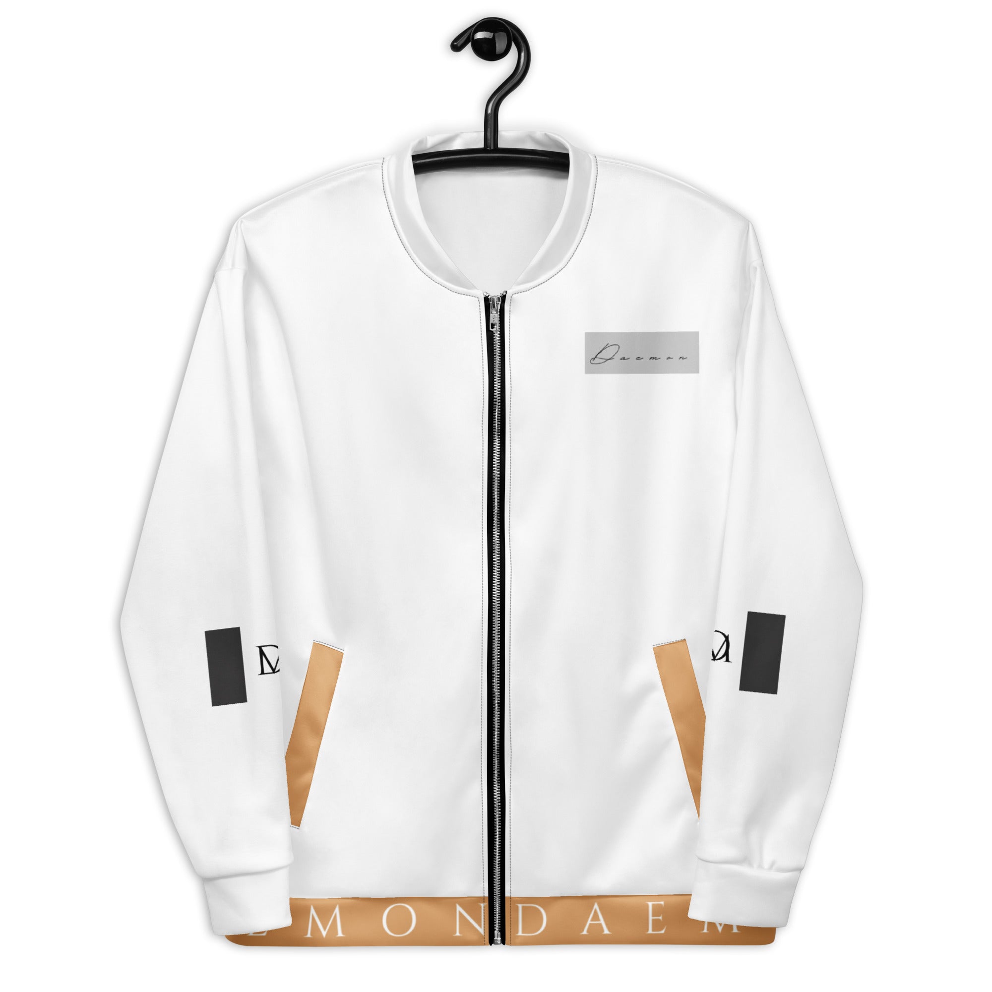 Unisex white bomber jacket with all-over love-themed print, designed by Daemon, showcasing front view and stylish casual wear.