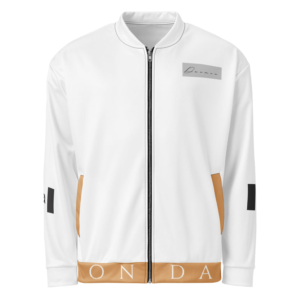 White Daemon More Love unisex bomber jacket with all-over print, front view showing vibrant design and casual fit.