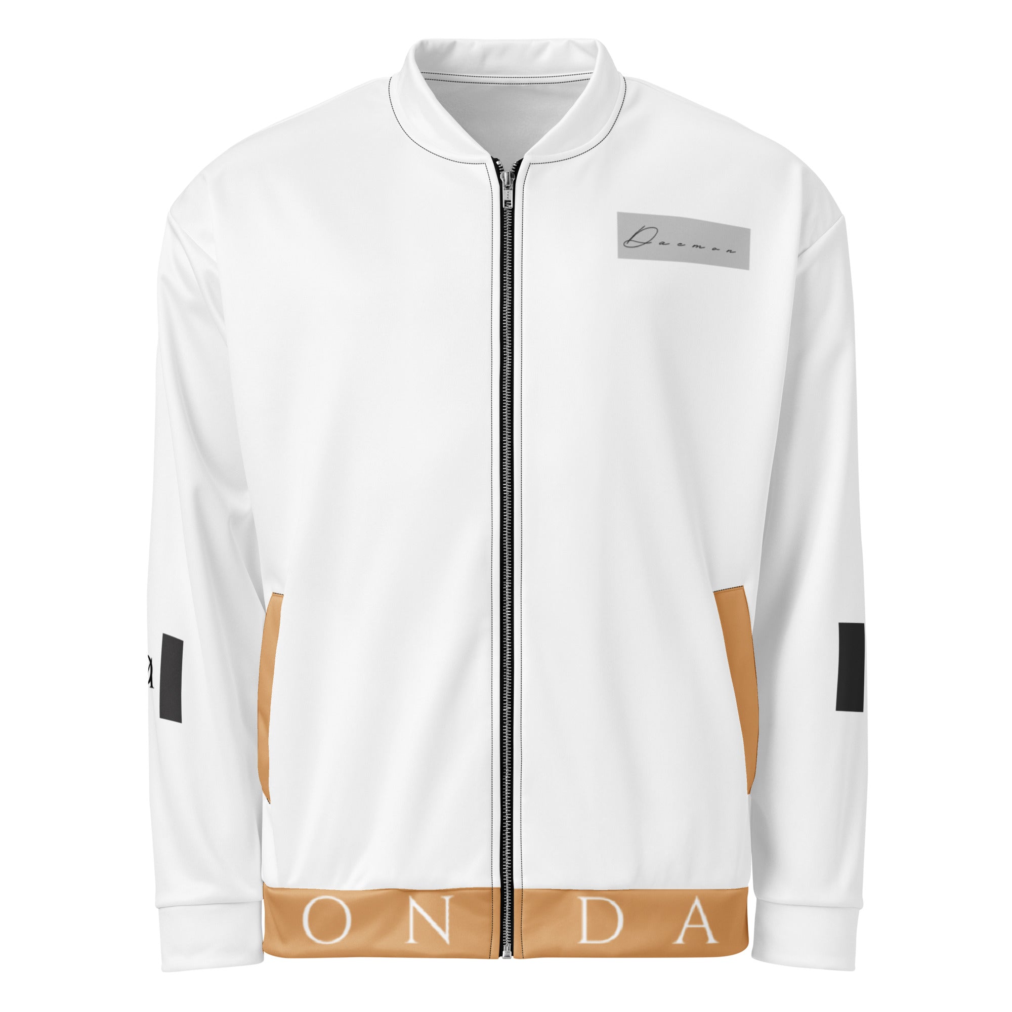 White Daemon More Love unisex bomber jacket with all-over print, front view showing vibrant design and casual fit.