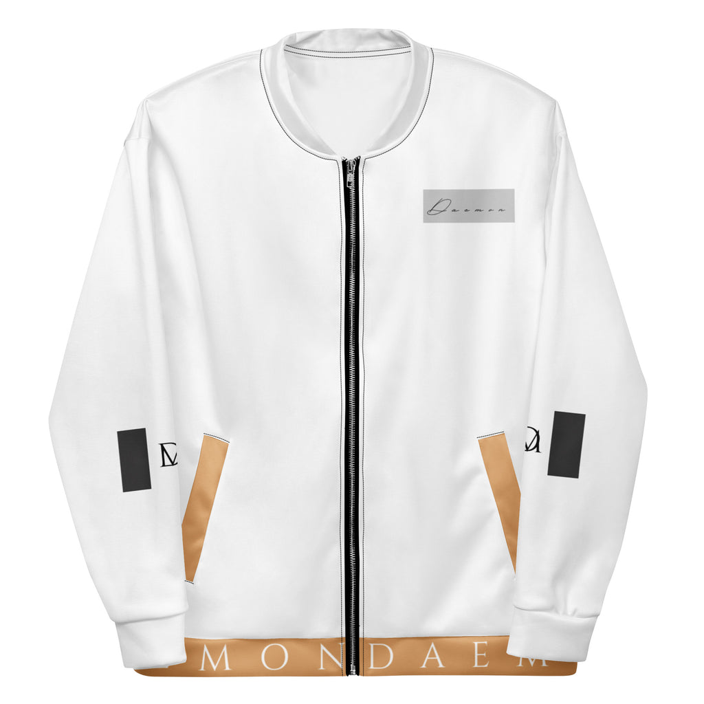White all-over-print unisex bomber jacket from Daemon's More Love collection, featuring bold graphic design on the front.
