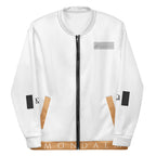 White all-over-print unisex bomber jacket from Daemon's More Love collection, featuring bold graphic design on the front.