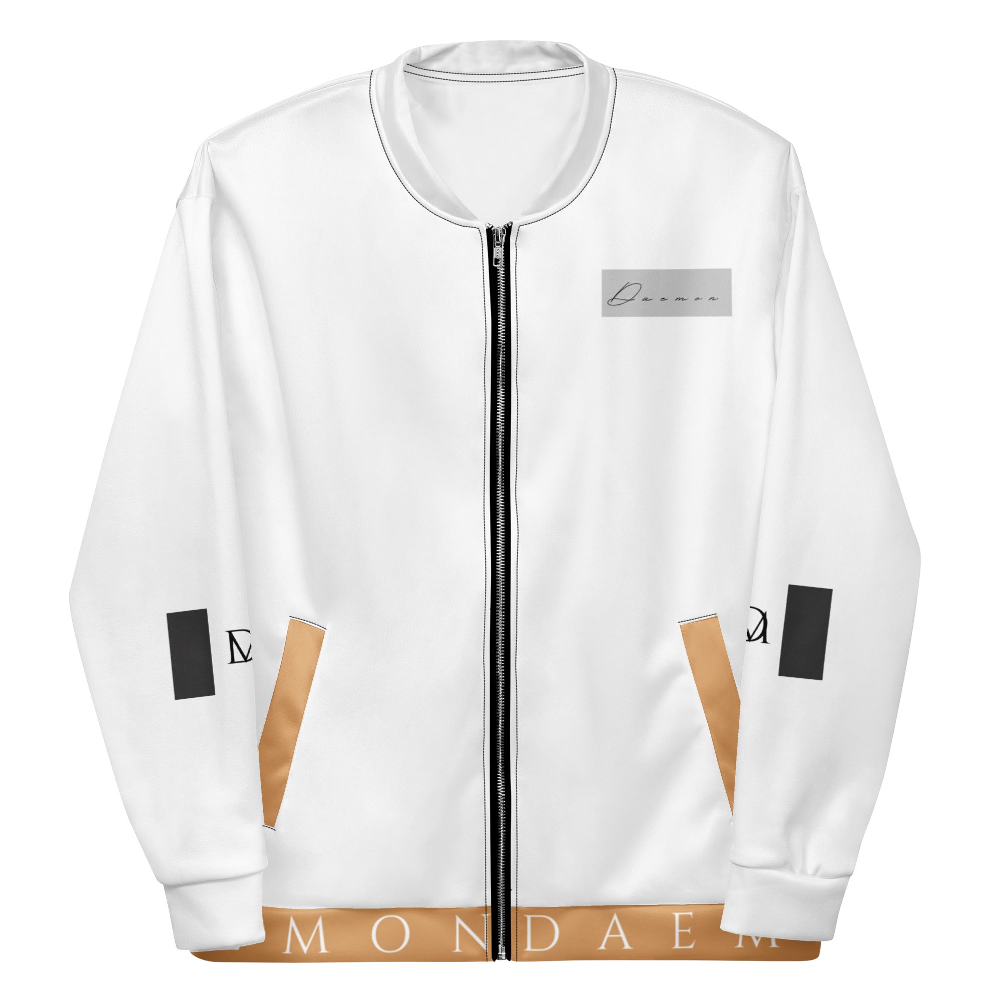 White all-over-print unisex bomber jacket from Daemon's More Love collection, featuring bold graphic design on the front.