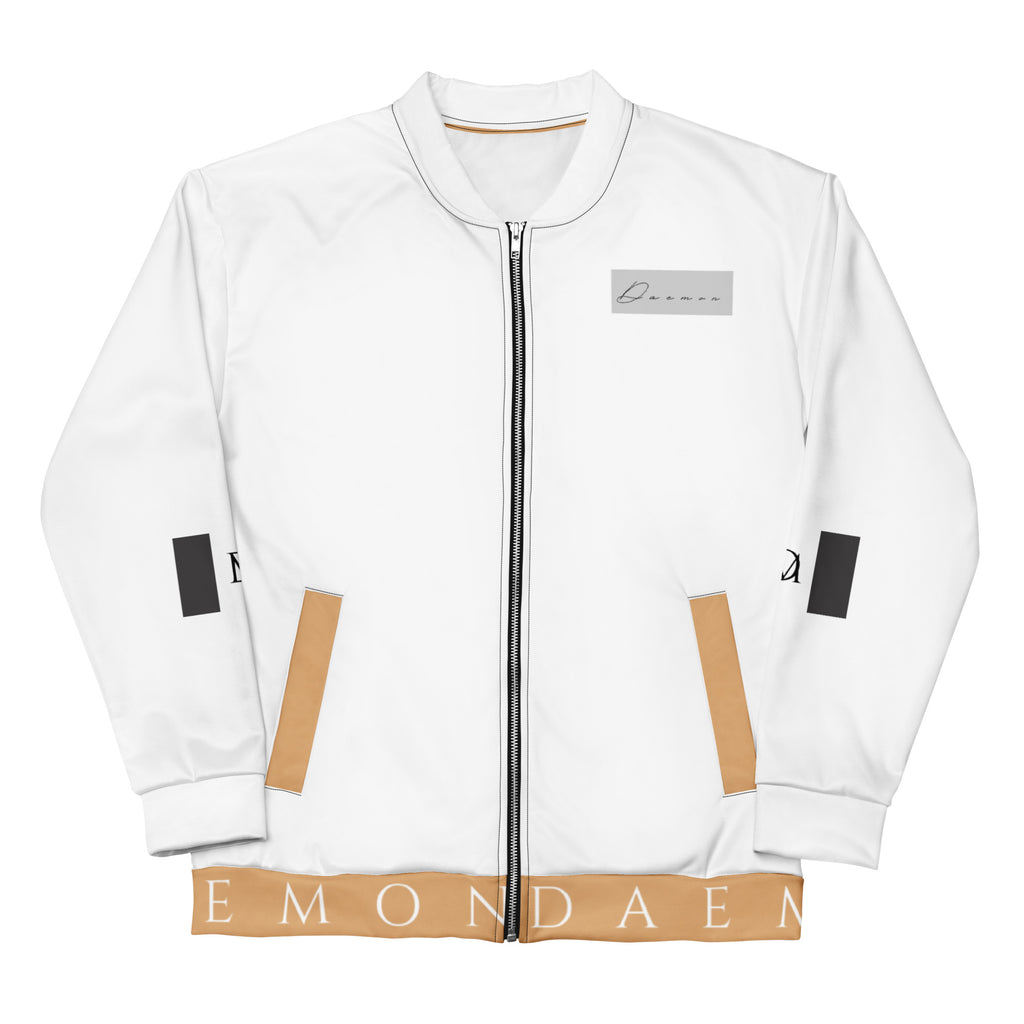 White all-over print unisex bomber jacket by Daemon featuring a stylish "More Love" design on the front.