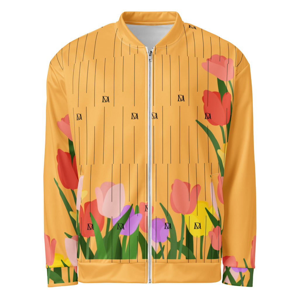 Daemon St. Francis Bliss Fuoco Cosmica unisex bomber jacket with all-over white print, front view showing detailed design.