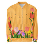 Daemon St. Francis Bliss Fuoco Cosmica unisex bomber jacket with all-over white print, front view showing detailed design.