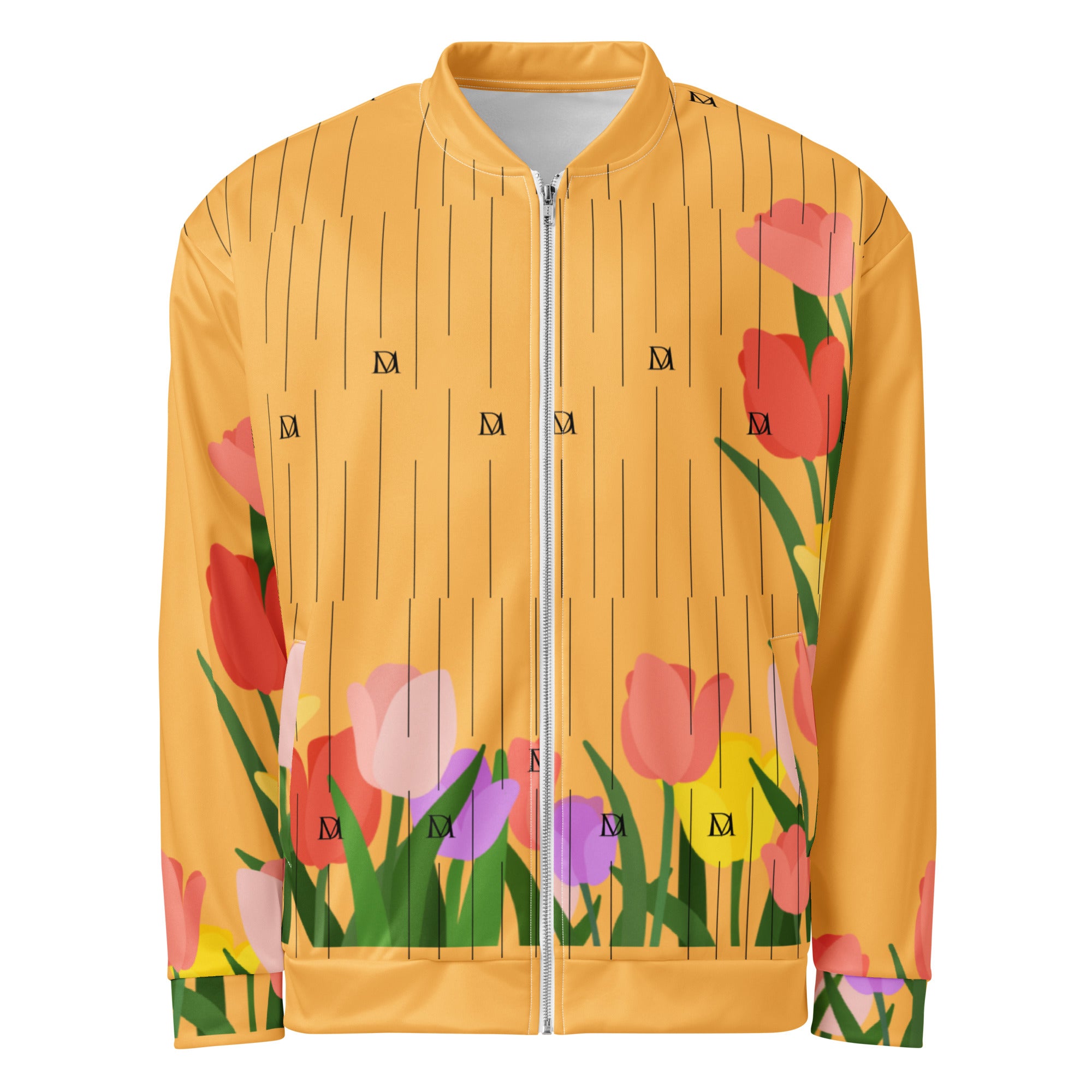 Daemon St. Francis Bliss Fuoco Cosmica unisex bomber jacket with all-over white print, front view showing detailed design.