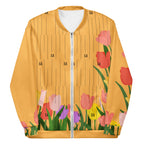 Daemon St. Francis Bliss Fuoco Cosmica unisex bomber jacket with all-over white print, stylish and modern outerwear.