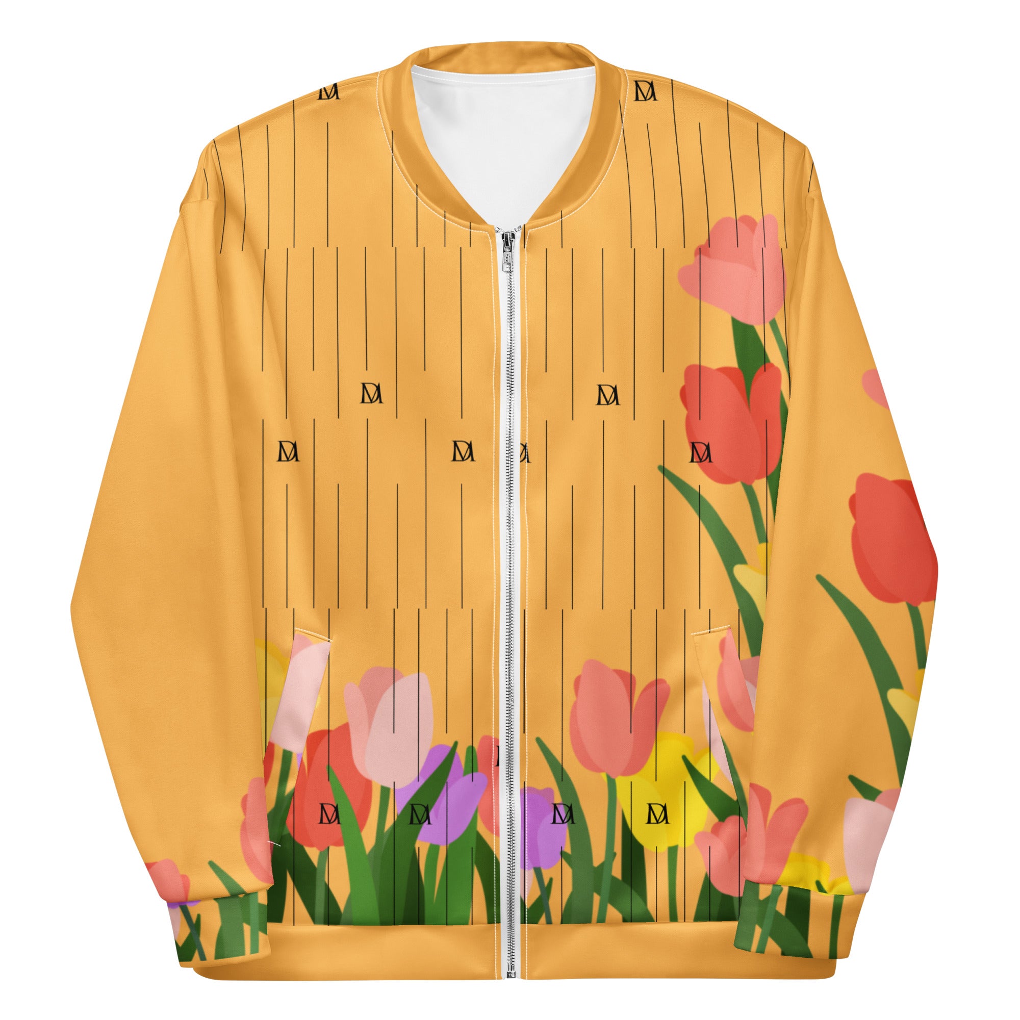 Daemon St. Francis Bliss Fuoco Cosmica unisex bomber jacket with all-over white print, stylish and modern outerwear.