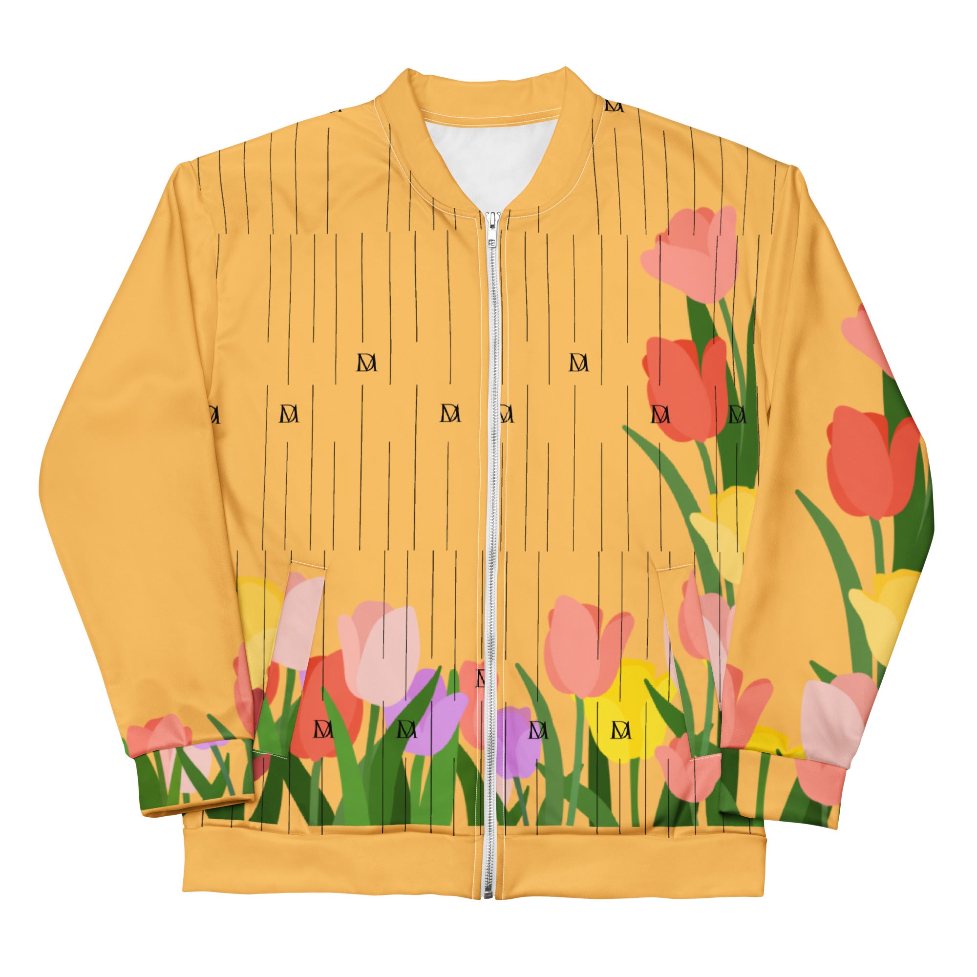 Unisex white bomber jacket featuring all-over cosmic flame print from Daemon's ST. Francis Bliss Fuoco Cosmica collection.