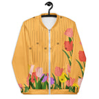 Unisex white bomber jacket with all-over cosmic Saint Francis Bliss Fuoco design by Daemon, stylish and modern.