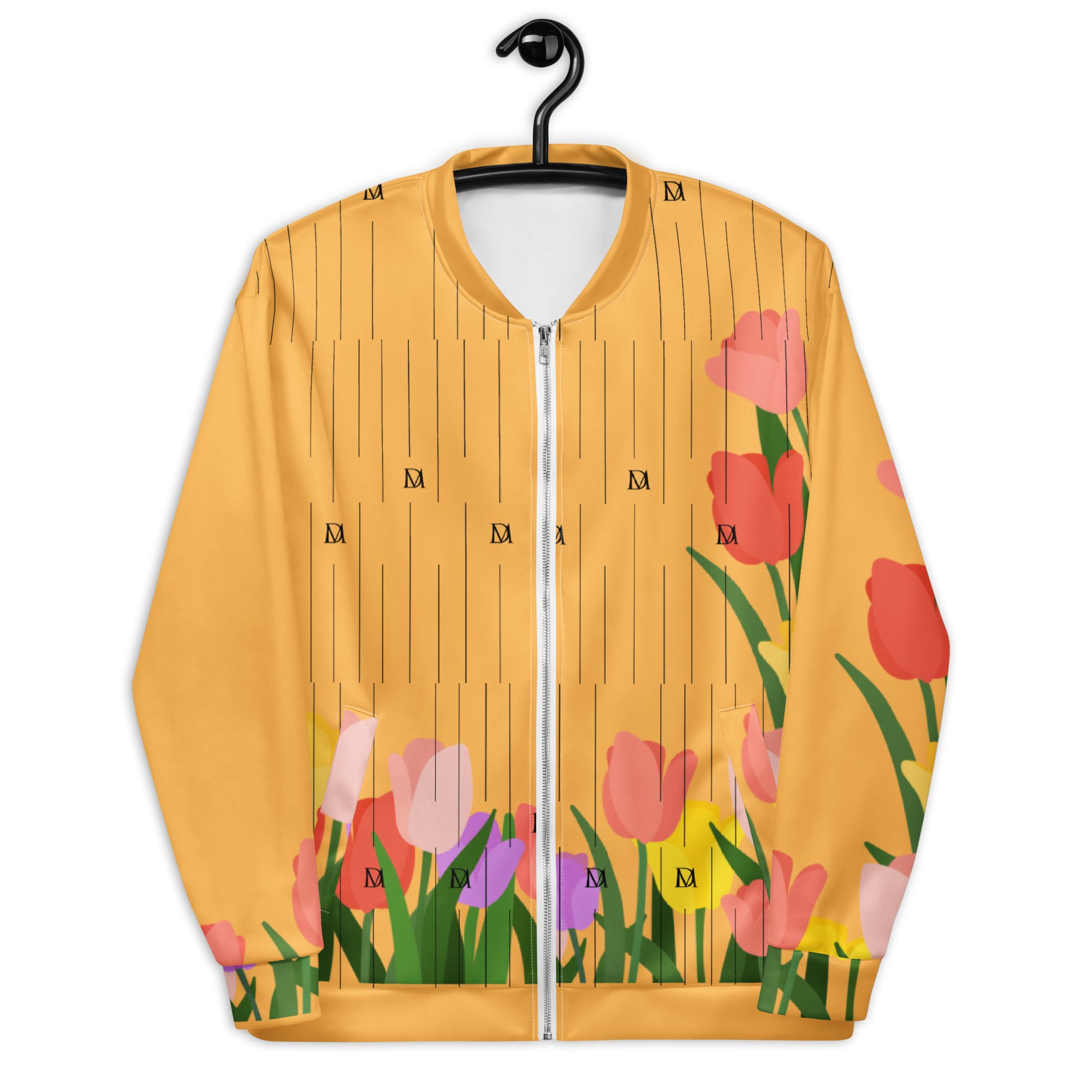 Unisex white bomber jacket with all-over cosmic Saint Francis Bliss Fuoco design by Daemon, stylish and modern.
