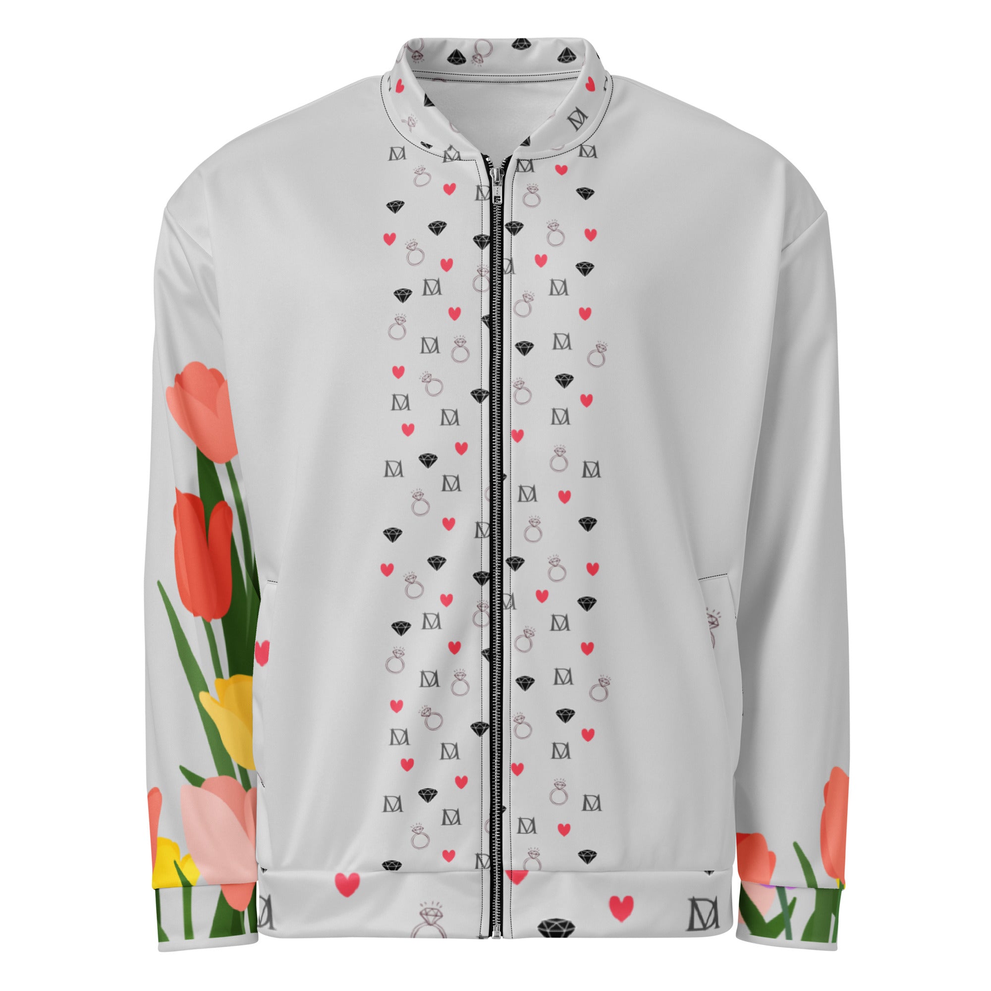Daemon Speckled Diamonds Nardo Gardens unisex white bomber jacket with all-over diamond print and stylish design.