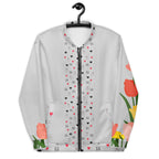 Daemon Speckled Diamonds Nardo Gardens unisex bomber jacket with all-over print in white, front view.