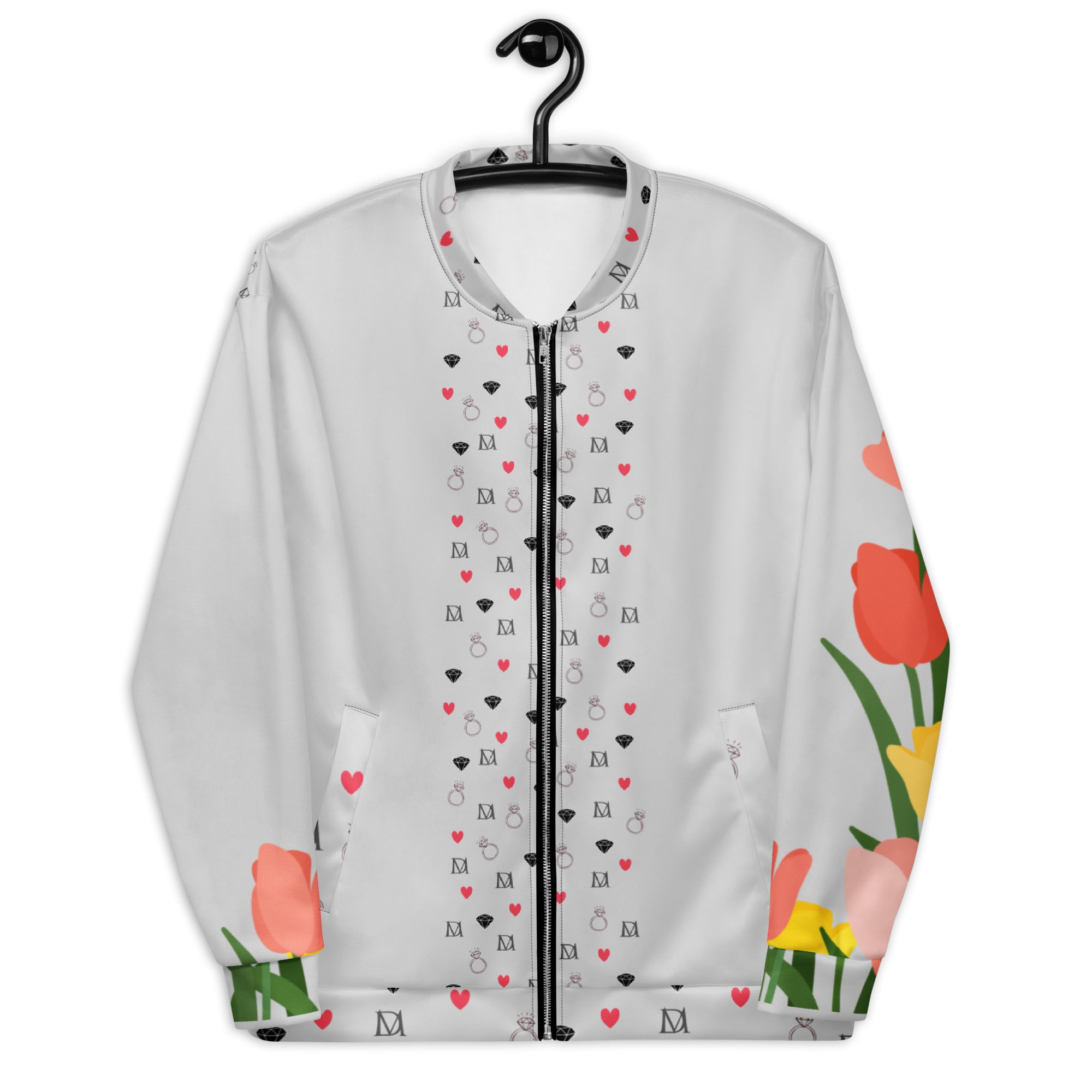 Daemon Speckled Diamonds Nardo Gardens unisex bomber jacket with all-over print in white, front view.