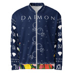 Unisex bomber jacket with all-over print featuring Rings of Transition design by Daemon on a white background.