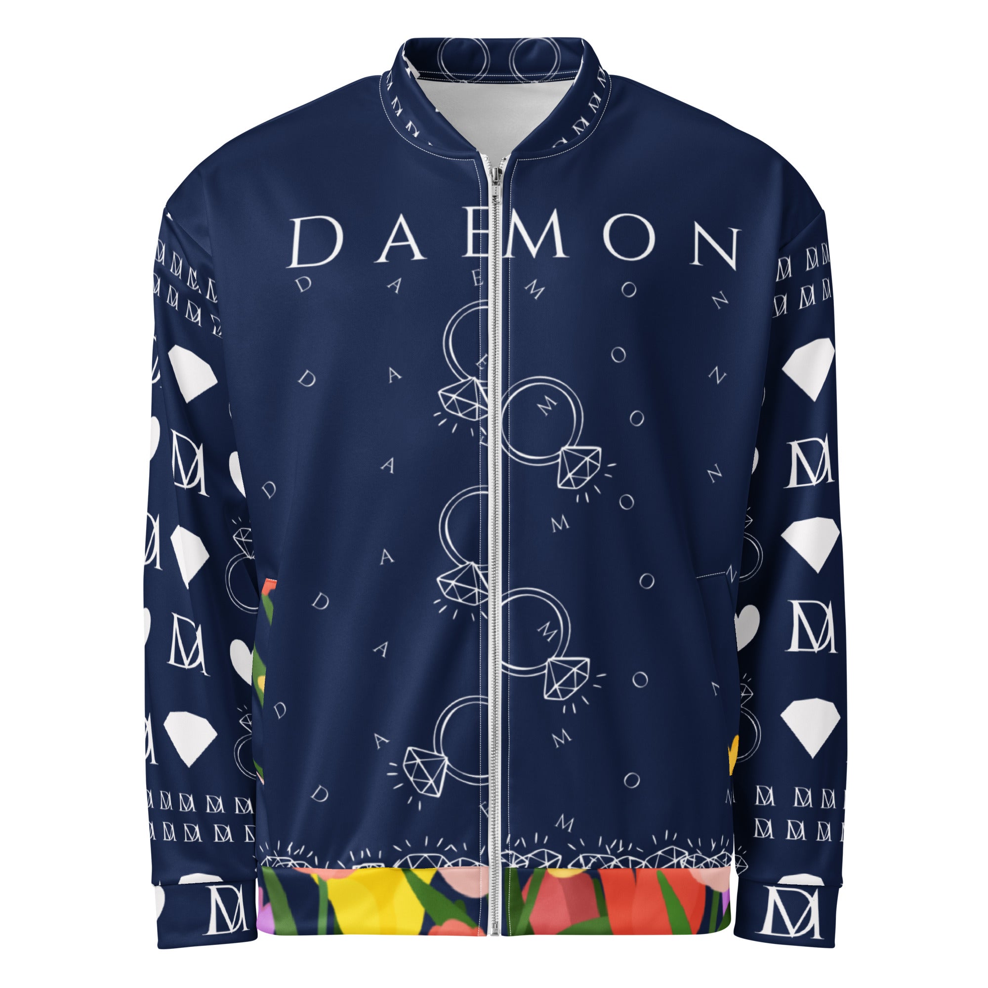 Unisex bomber jacket with all-over print featuring Rings of Transition design by Daemon on a white background.