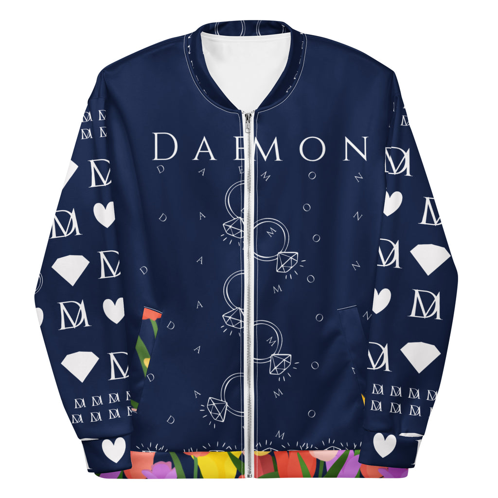 Unisex bomber jacket with all-over transition rings print in white, featuring a front view design by Daemon.