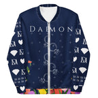Unisex bomber jacket with all-over transition rings print in white, featuring a front view design by Daemon.