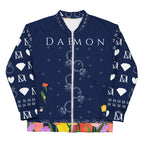 Unisex white bomber jacket with all-over print featuring Rings of Transition design by Daemon, front view.