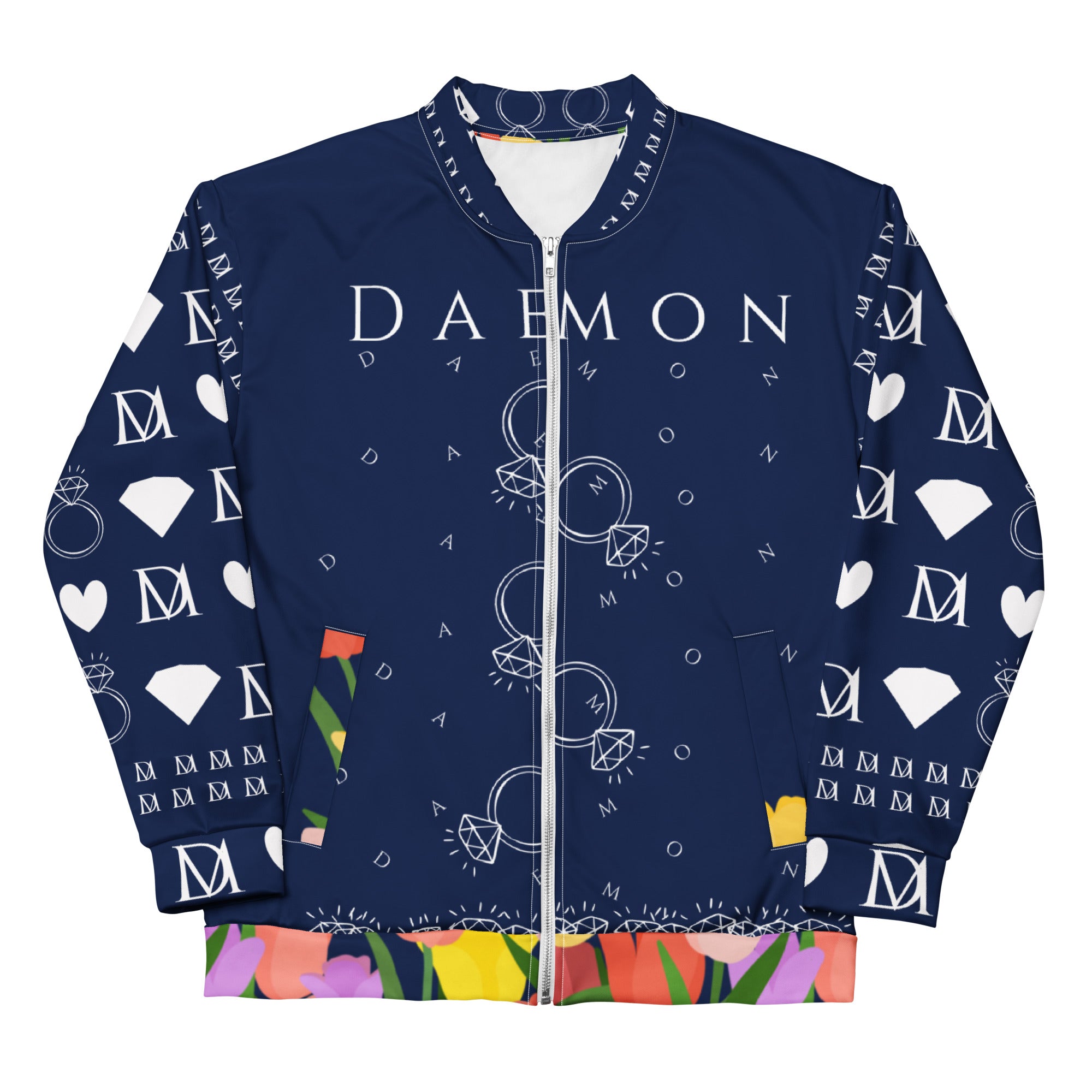 Unisex white bomber jacket with all-over print featuring Rings of Transition design by Daemon, front view.
