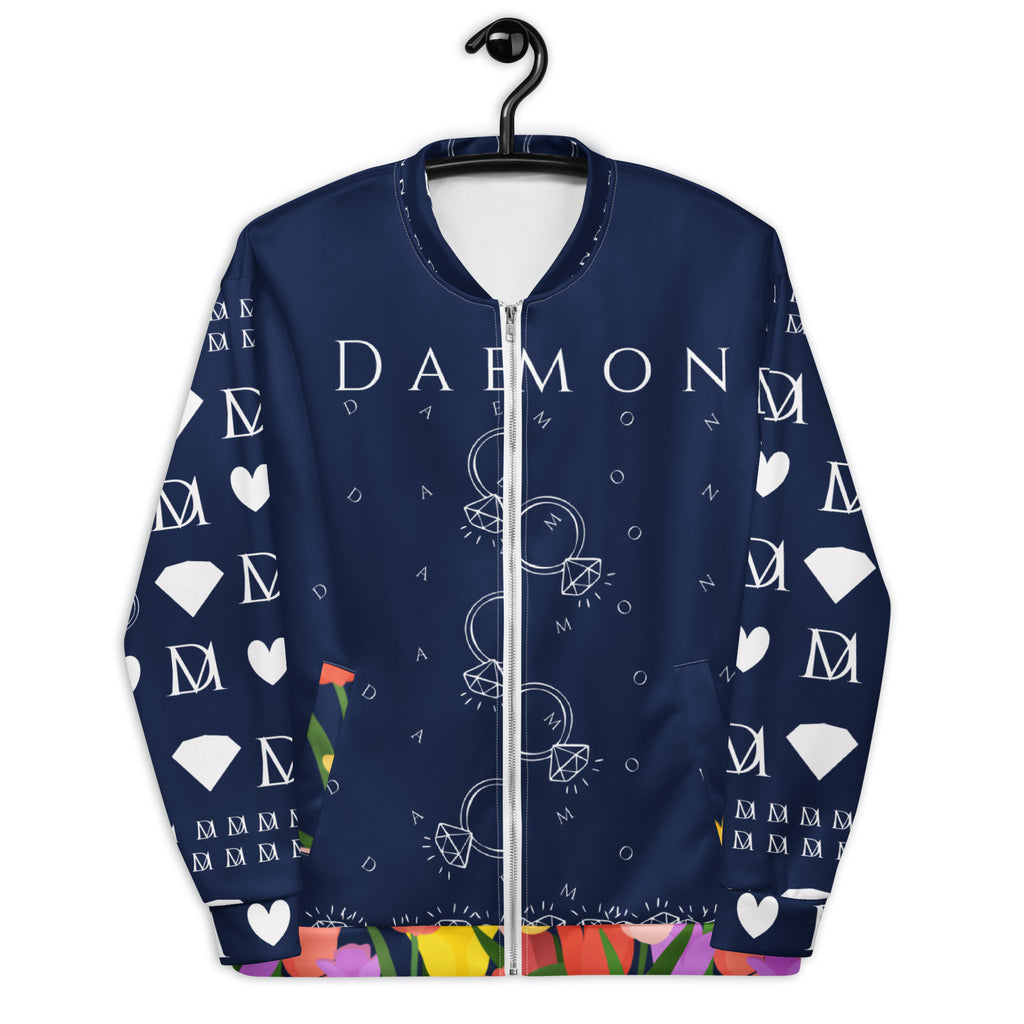 Unisex bomber jacket by Daemon with all-over print design, white fabric, front view, stylish and modern outerwear.