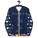 Unisex bomber jacket by Daemon with all-over print design, white fabric, front view, stylish and modern outerwear.