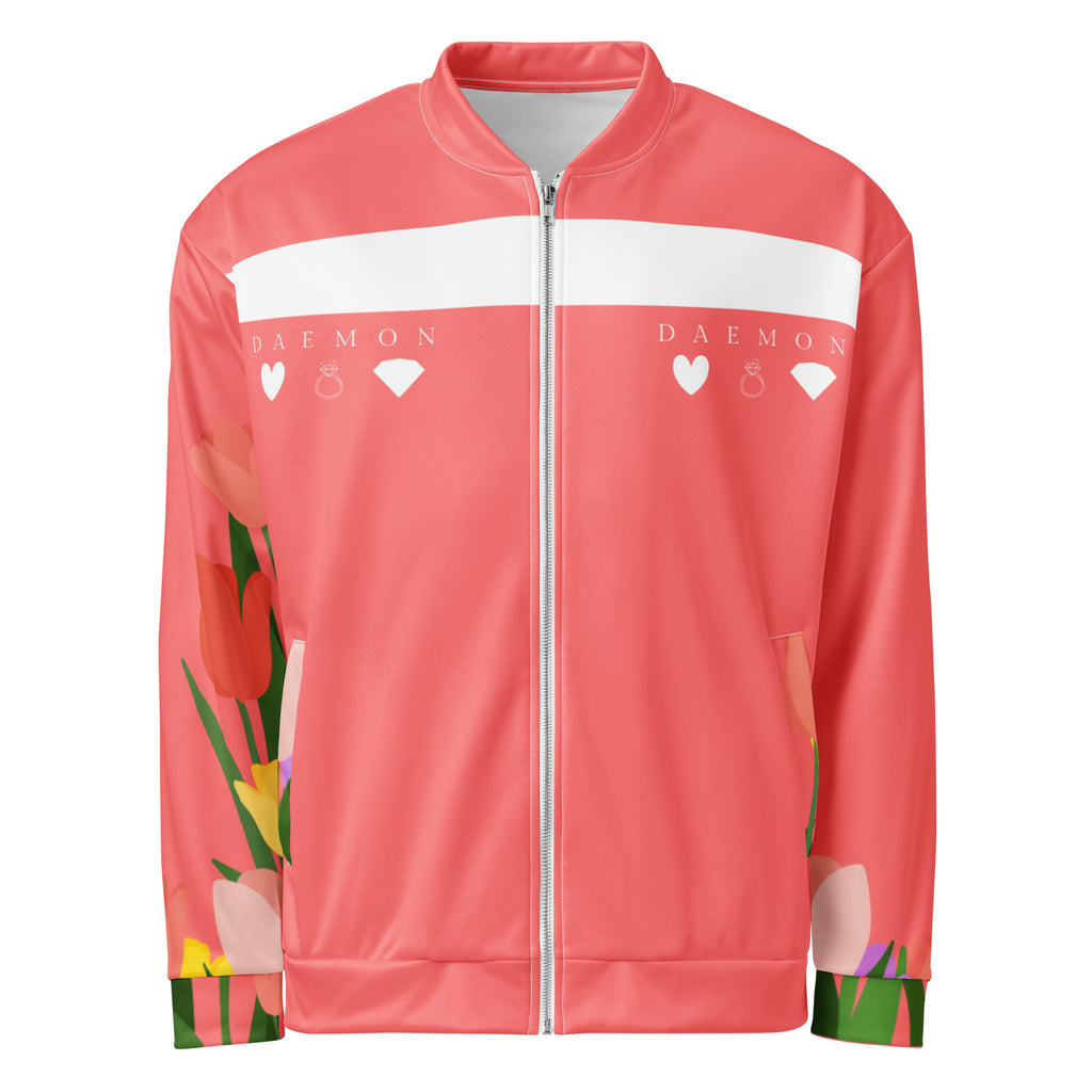 Daemon SACHI BANS Gardena unisex white bomber jacket with all-over print, front view showcasing stylish design and details.