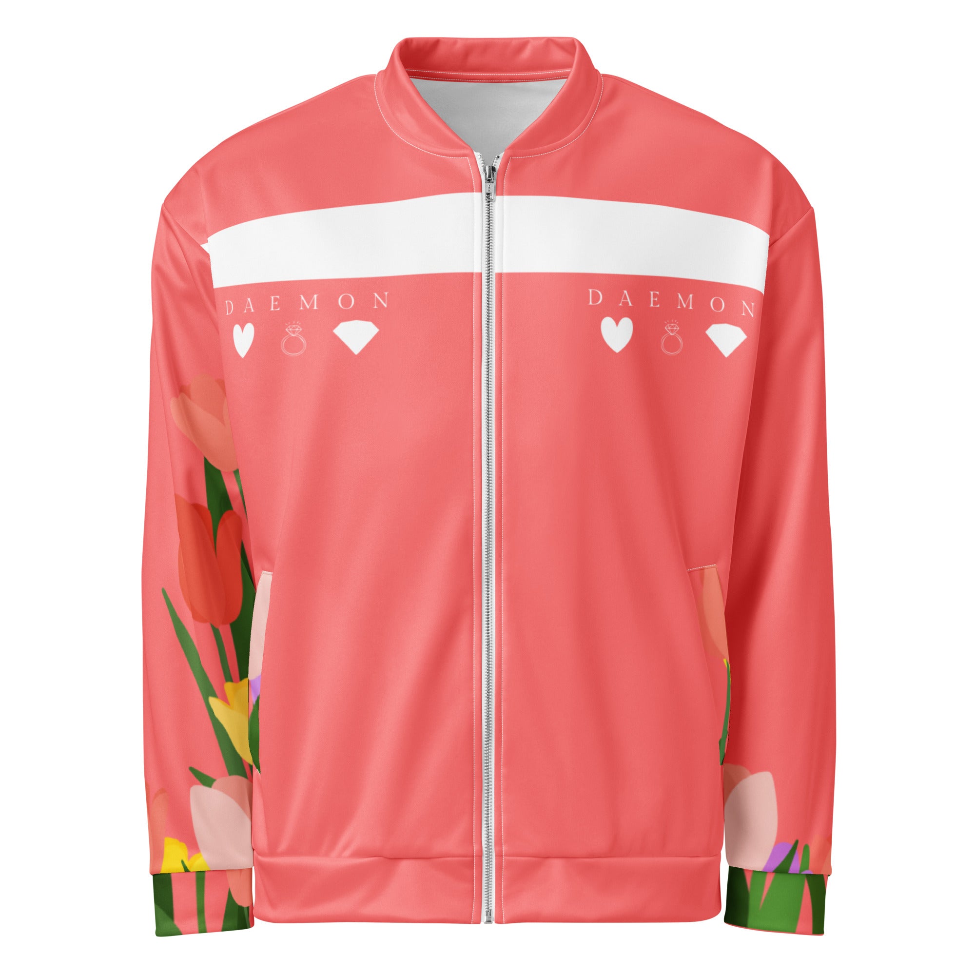 Daemon SACHI BANS Gardena unisex white bomber jacket with all-over print, front view showcasing stylish design and details.