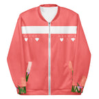 Daemon SACHI BANS Gardena unisex bomber jacket with all-over white print, showcasing a stylish and casual outerwear piece.