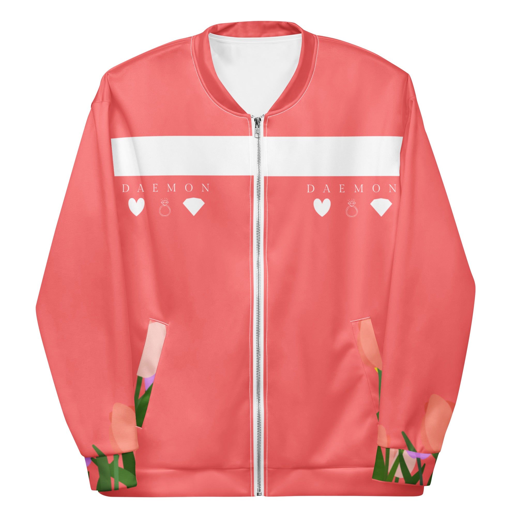 Daemon SACHI BANS Gardena unisex bomber jacket with all-over white print, showcasing a stylish and casual outerwear piece.
