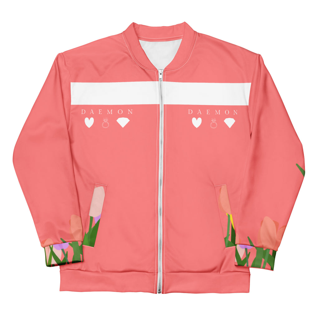 Unisex SACHI BANS Gardena Daemon white bomber jacket with all-over print, front view showing stylish design and vibrant pattern.
