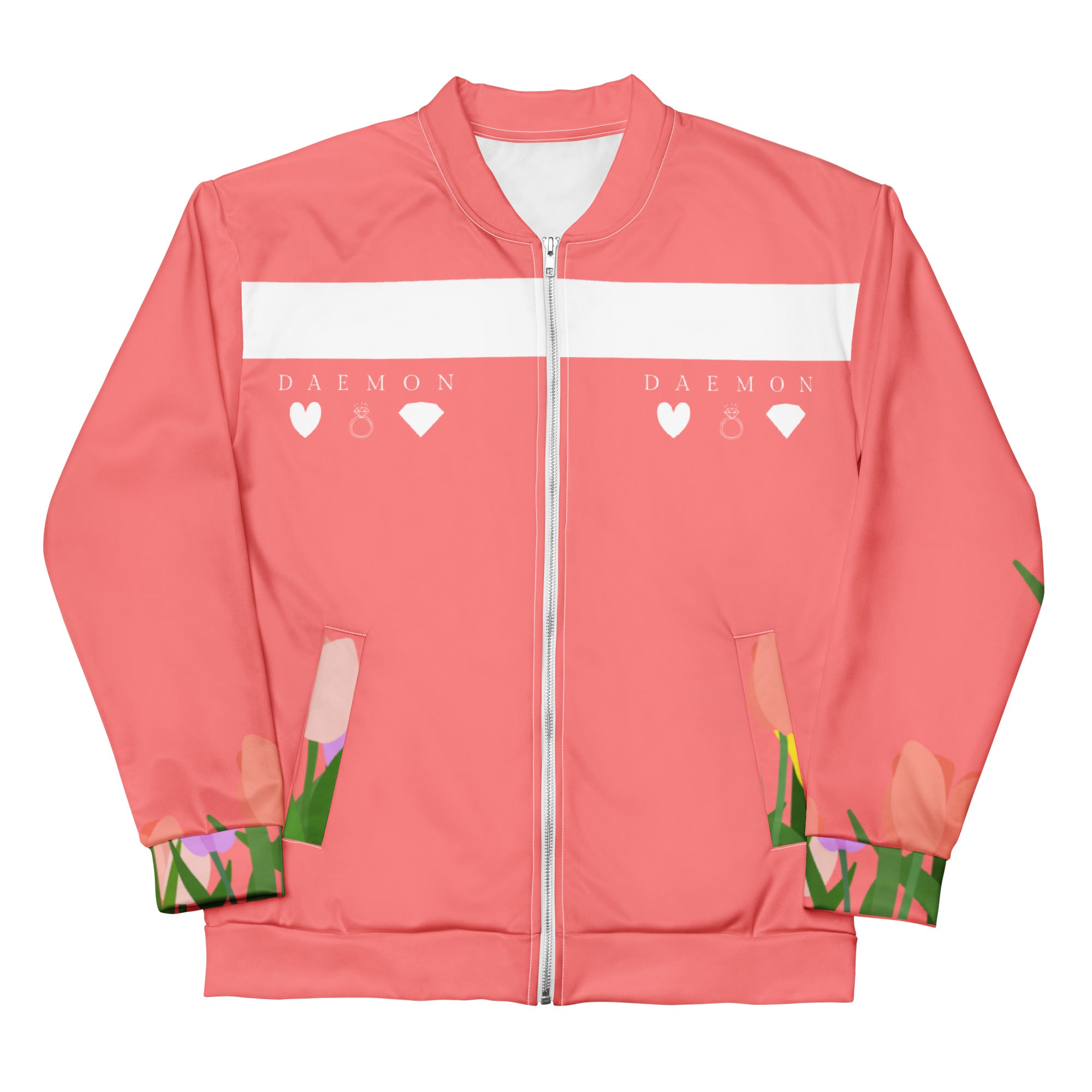 Unisex SACHI BANS Gardena Daemon white bomber jacket with all-over print, front view showing stylish design and vibrant pattern.