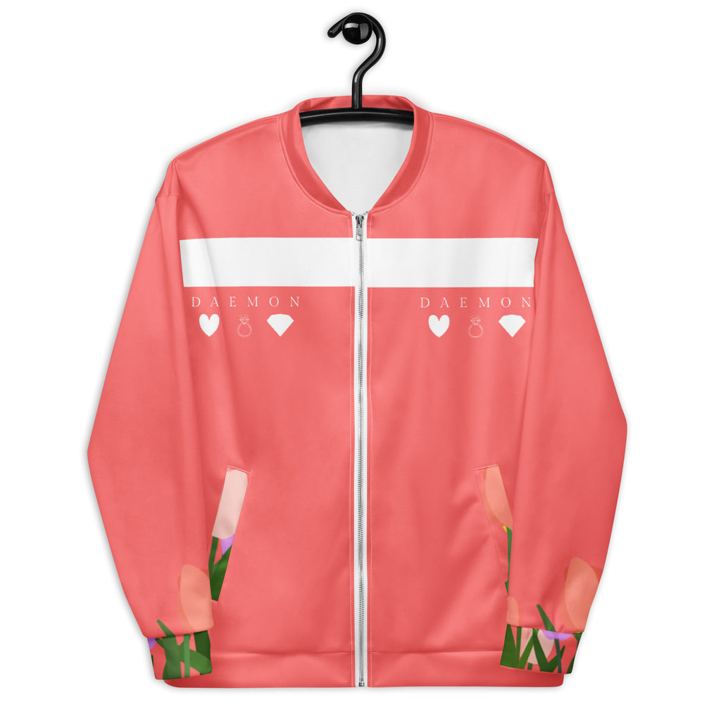 White SACHI BANS Gardena unisex bomber jacket by Daemon with all-over print, front view showing stylish design and fabric details.