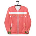 White SACHI BANS Gardena unisex bomber jacket by Daemon with all-over print, front view showing stylish design and fabric details.