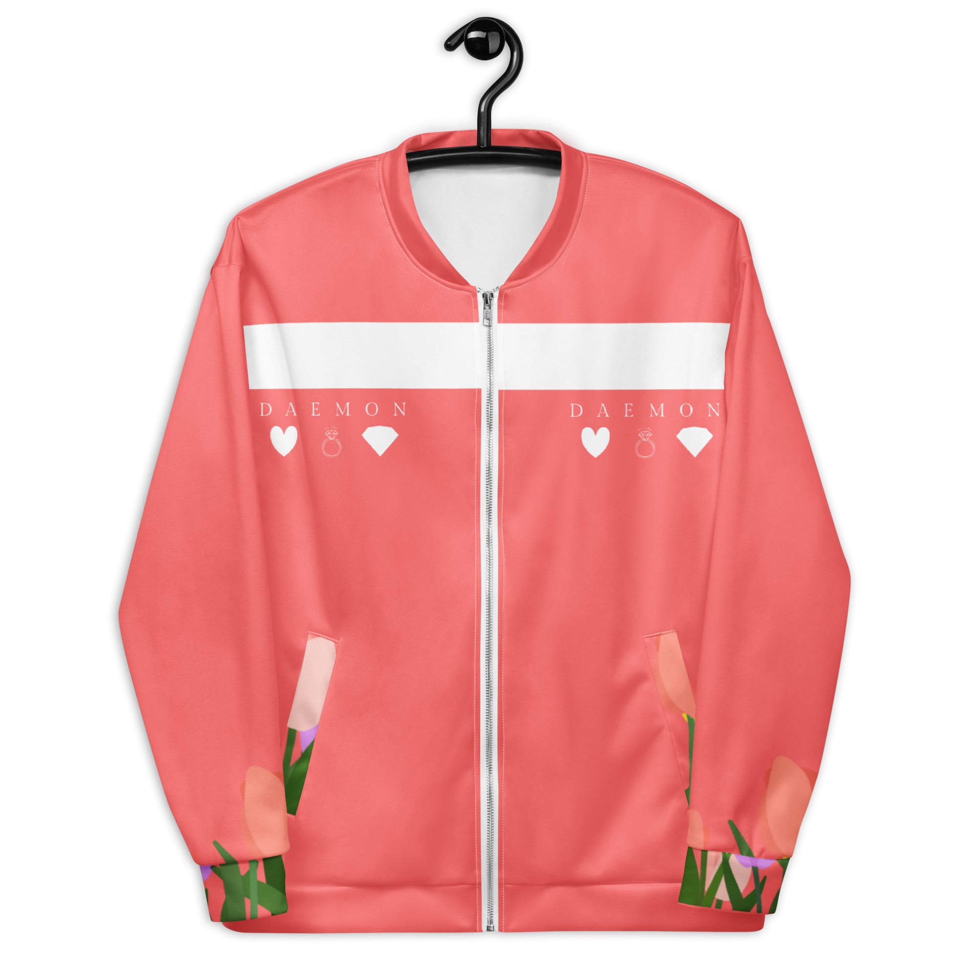 White SACHI BANS Gardena unisex bomber jacket by Daemon with all-over print, front view showing stylish design and fabric details.