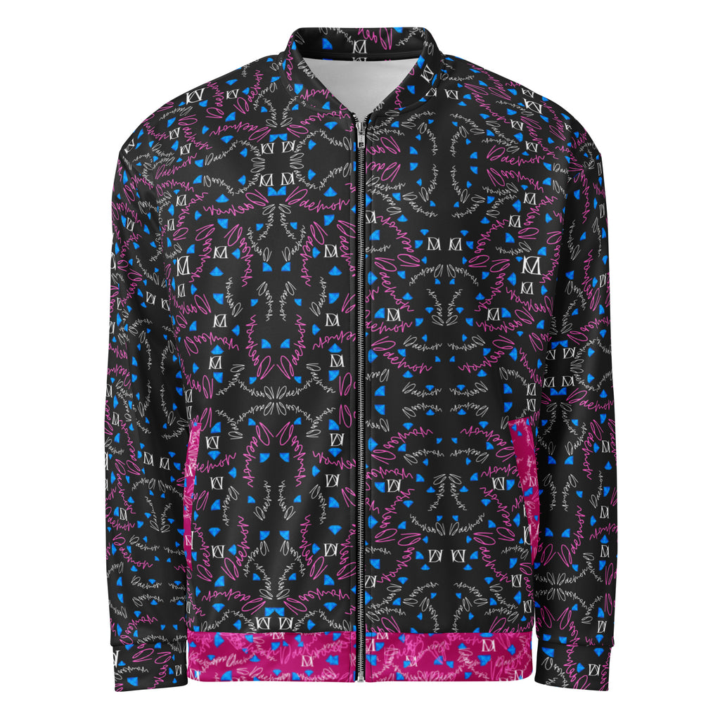 Unisex white bomber jacket with all-over Picasso Mirrors magnetic reflections print by Daemon Luxury, front view.