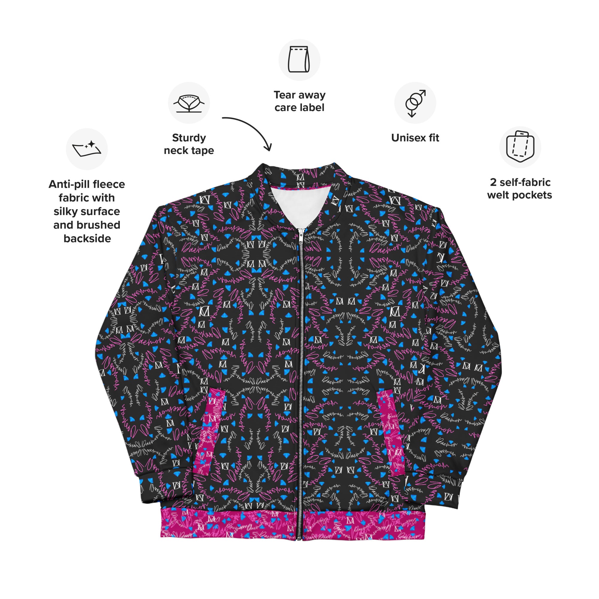 Unisex white bomber jacket with all-over Picasso Mirrors magnetic reflections print by Daemon Luxury, front view.
