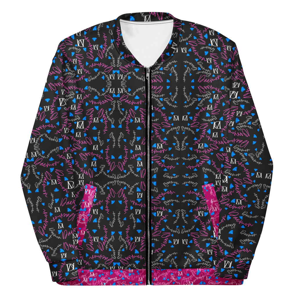 Unisex white bomber jacket with all-over Picasso Mirrors magnetic reflections print from Daemon Luxury, front view.