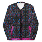 Unisex white bomber jacket with all-over Picasso Mirrors magnetic reflections print from Daemon Luxury, front view.