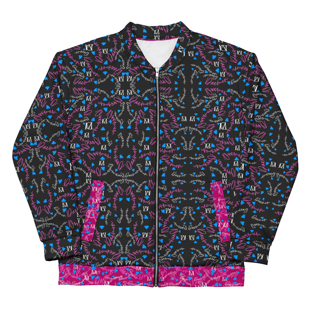 Unisex white bomber jacket with all-over Picasso Mirrors magnetic reflections print by Daemon Luxury, front view.