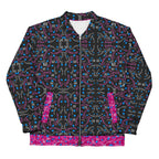 Unisex white bomber jacket with all-over Picasso Mirrors magnetic reflections print by Daemon Luxury, front view.