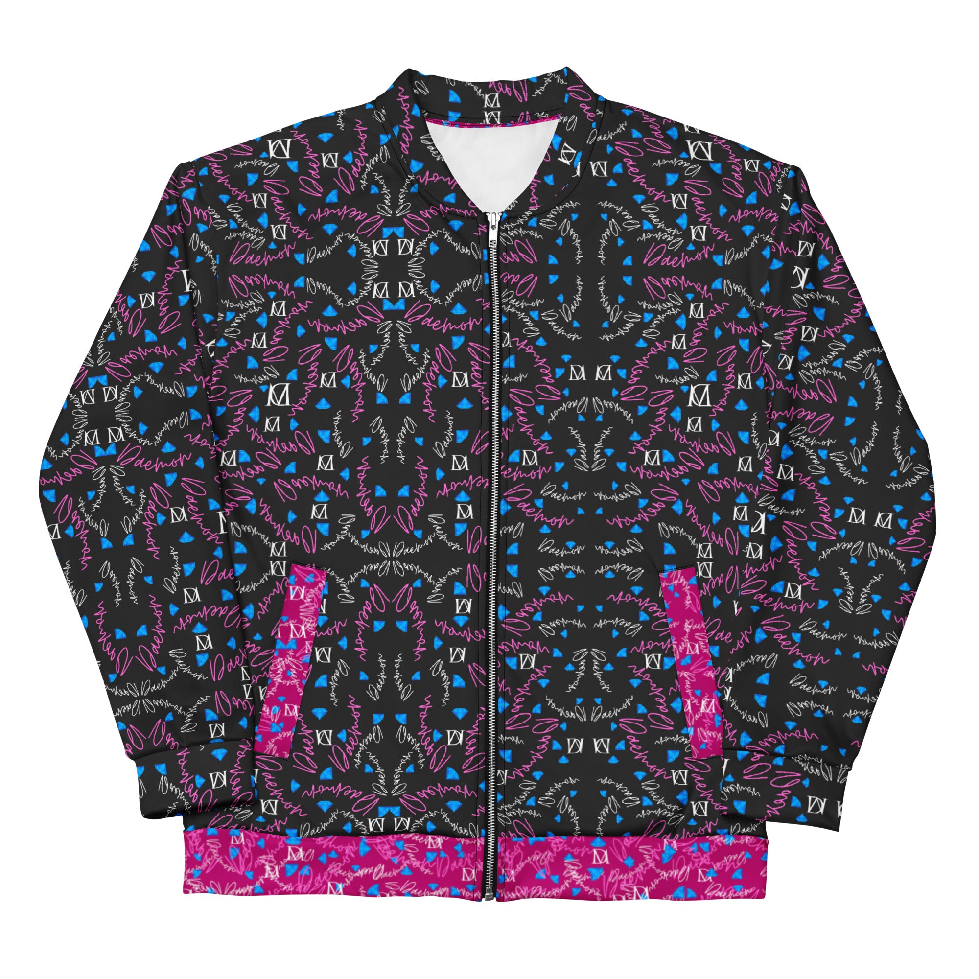 Unisex white bomber jacket with all-over Picasso Mirrors magnetic reflections print by Daemon Luxury, front view.