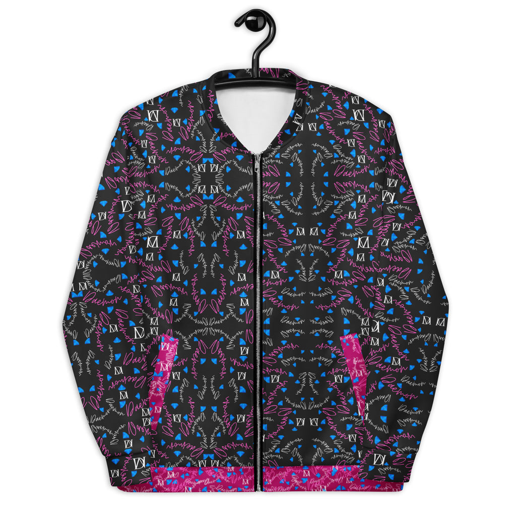 Unisex white bomber jacket with all-over Picasso Mirrors magnetic reflections print by Daemon Luxury, front view.