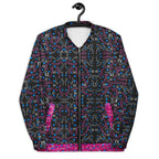 Unisex white bomber jacket with all-over Picasso Mirrors magnetic reflections print by Daemon Luxury, front view.
